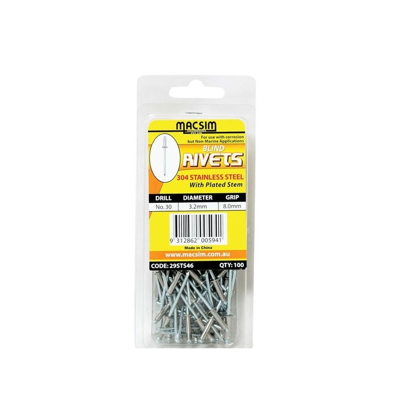 Rivet Stainless Steel 3.2mm X 4.8mm Plated Stem 100pk